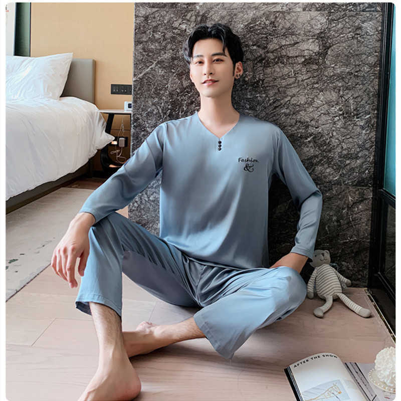 men's ice silk pajamas suit men's long-sleeved thin pajamas men's sleeping lounge home wear soft and comfortable pajamas 211019