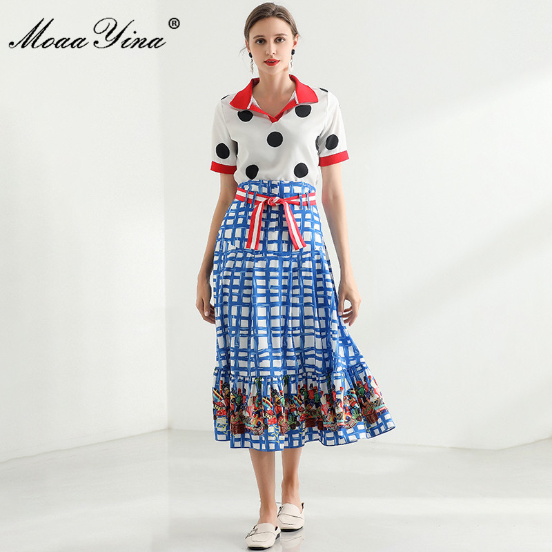 Summer Fashion Blue Skirts Sets Women's Casual polka dot Tops and Floral print Midi Plaid 2 Pieces Suit 210524