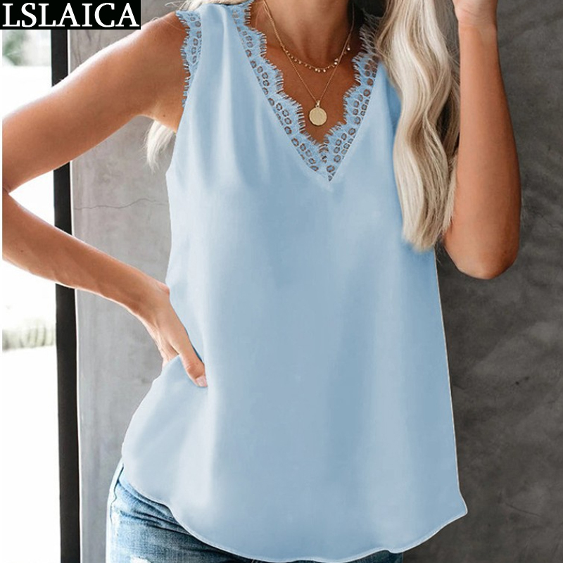 Blouse Women Sleeveless Lace Patchwork Solid Color Blouses Casual Chiffon Fashion Office Summer Blusas Mujer De Moda 210520