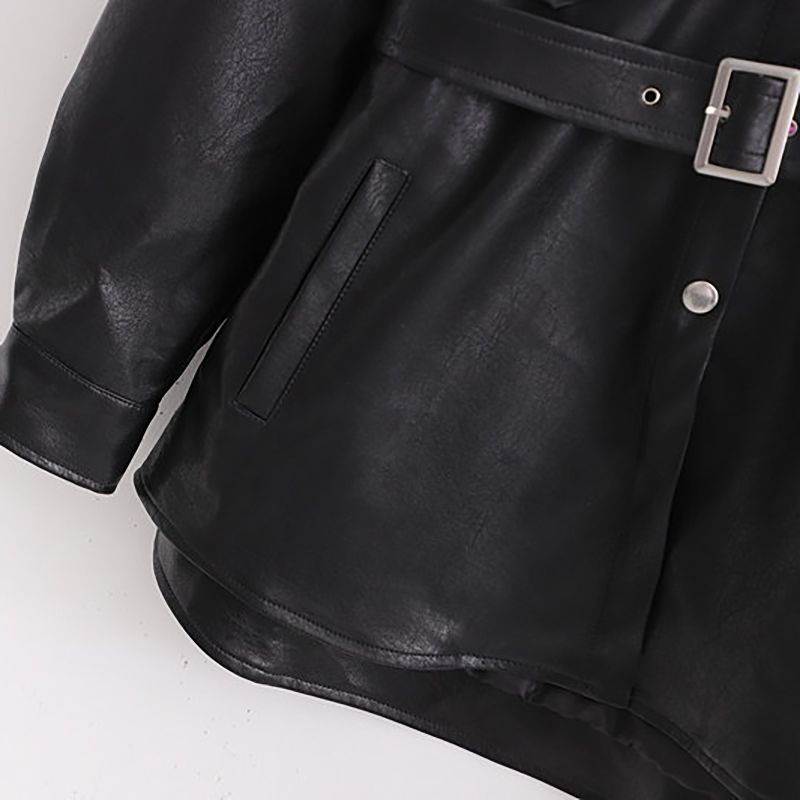 Faux Leather Jackets Women Fashion PU Black Coat Elegant Belt Waist Pockets Buttons Female Coats Streetwear Ladies 210515