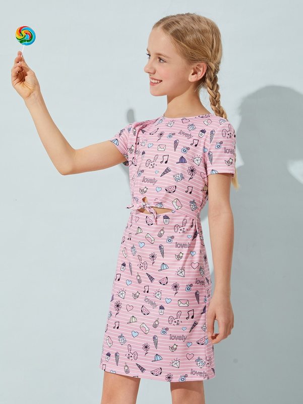 Girls Cartoon and Striped Print Peekaboo Knot Front Dress SHE