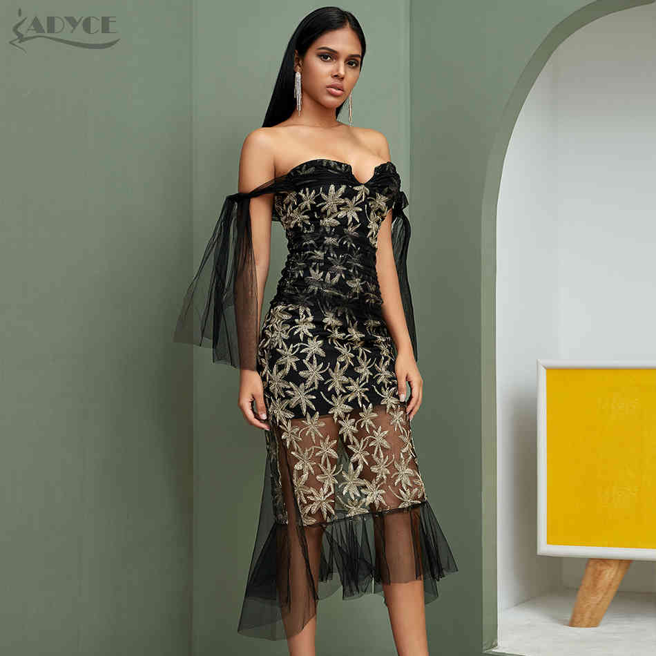 Summer Lace Off Shoulder Women Club Dress Sexy Short Sleeve Sequined Celebrity Evening Runway Party Vestido 210423
