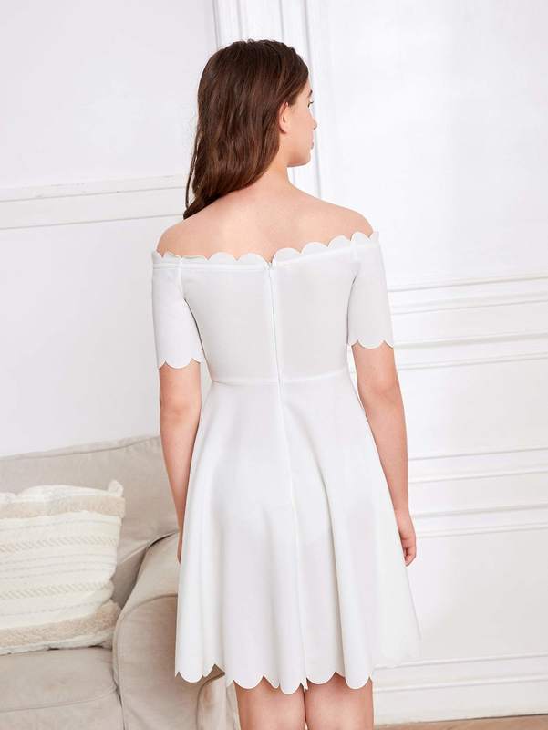 Teen Girls Off Shoulder Scallop Trim Flare Hem Dress SHE