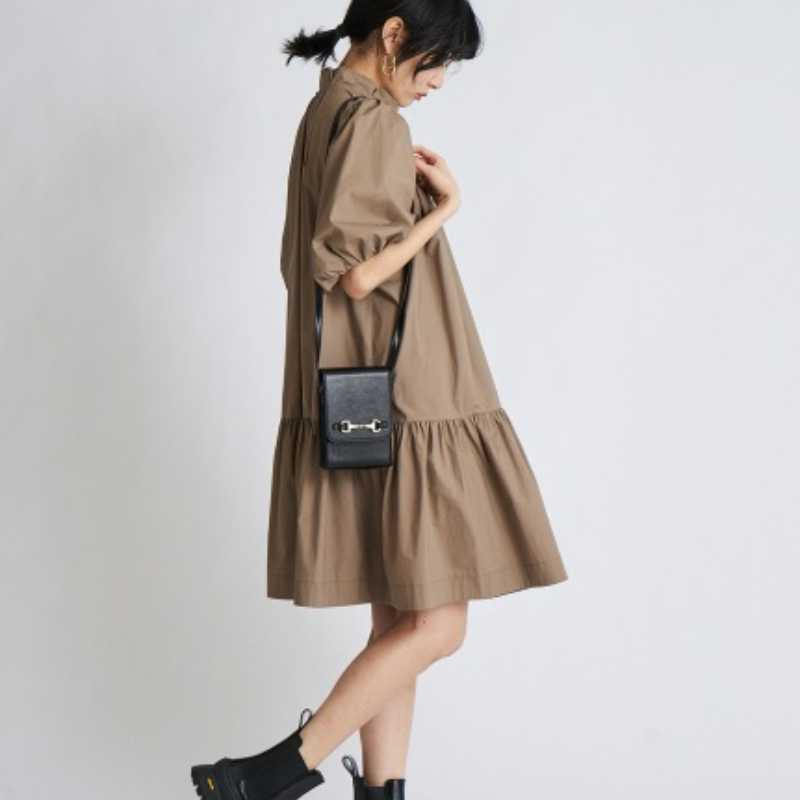 Japan Style Solid Puff Short Sleeve Stand Collar Women Dresses Simple Summer Loose Vestidos All Match Soft Moda Robe 210525