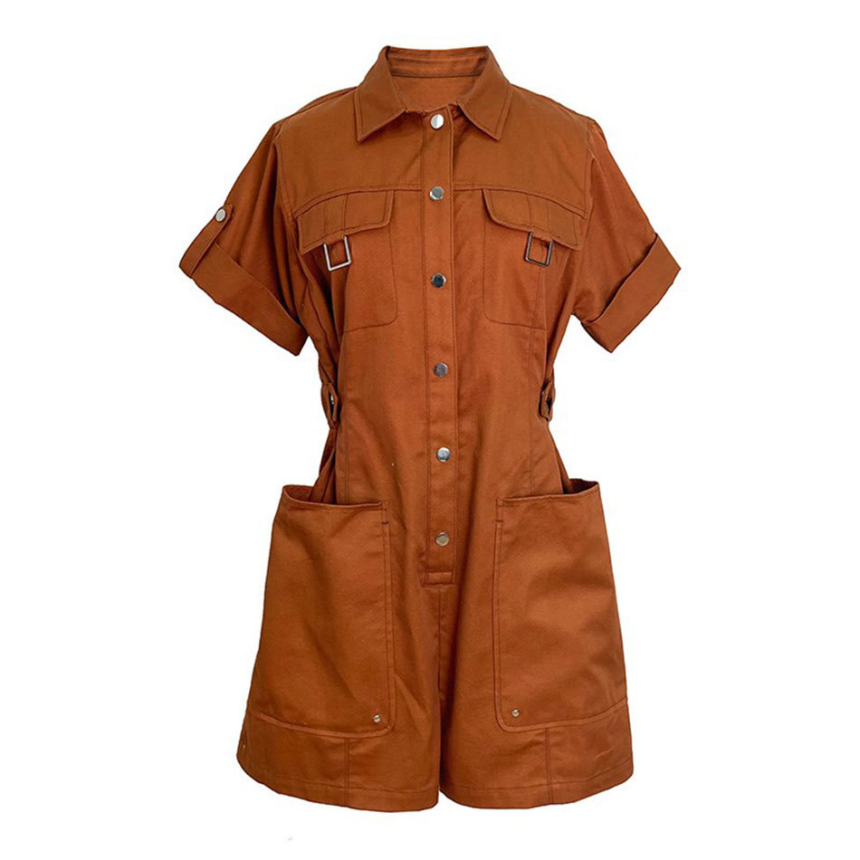 Free Women Jumpsuit Casual Lapel Short Sleeve Big Pocket Back Elastic Band Fashion Workwear 210524
