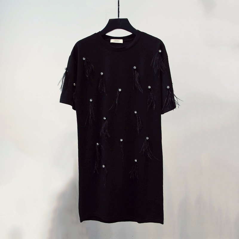 TWOTWINSTYLE Patchwork Diamond Feather Dress For Women O Neck Short Sleeve Casual Loose Dresses Female Fashion Summer Clothes 210517