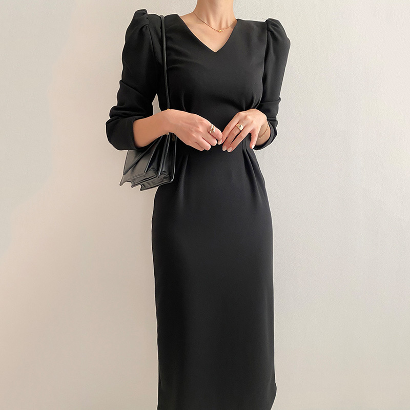 Fashion V-neck High Waist Women Dress Vintage Puff Sleeve Pleated Pencil Dresses Female Korean Chic Long Vestido De Mujer 210519