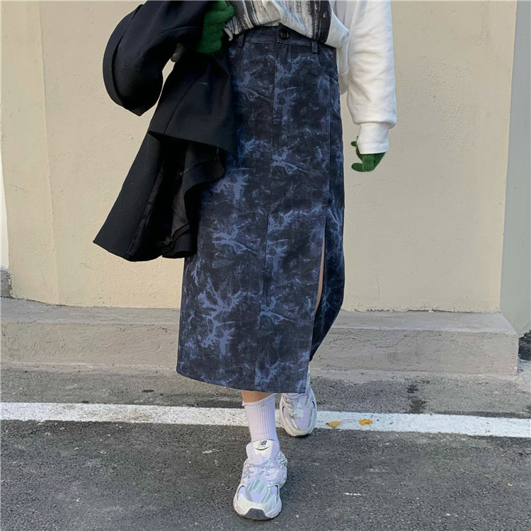 Nomikuma Korean Tie Dye Women Skirt Causal Hitgh Waist Split A-line Skirts Autumn Winter New Fashion Causal Faldas Mujer 6D700 210427