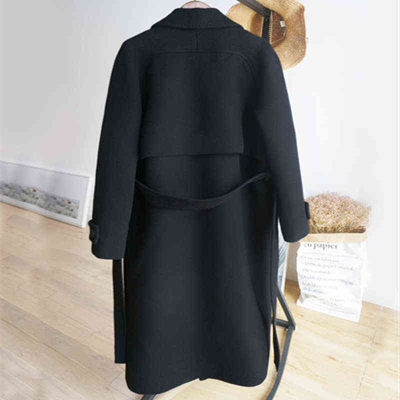Fall/Winter black woolen coat women's fashion coat loose belt temperament is thin casual wool coat trench Office Lady Long 211104