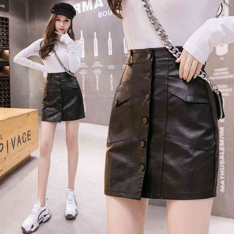 Leather Skirt Casual Women High Waist Hip Button Large Pocket Solid A-Line Empire Super Fire 10765 210518
