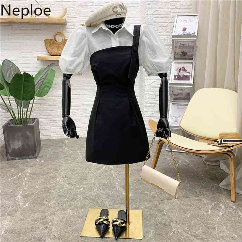 Neploe Women Set Spring Summer Korean Puff Short Sleeve Thin Sunscreen Shirt with One-shoulder Strap Dress Two-piece Suit Female 210422