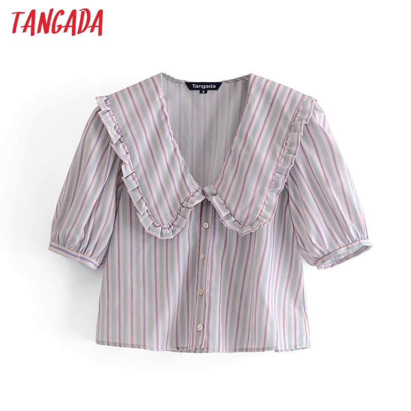 Women Retro Striped Print Oversize Collar for Summer Sleeve Chic Female Short Blouse Shirt Tops 3H100 210416