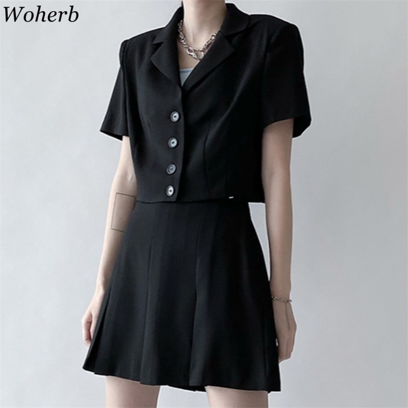 Korean Black Suit 2 Piece Set Women Short Sleeve Coat Rops Slim Mini Skirt Femme Roupas Office Lady Two 210519