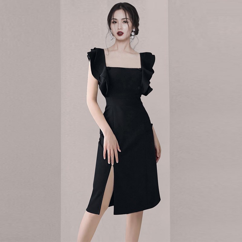French Women Elegant Ruffles Sleeveless Vintage Square Collar Black Slim Dress Bodycon Sexy Split Party Vestidos 210519