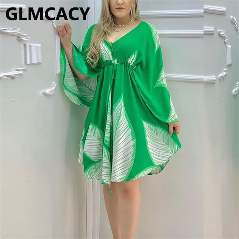 Women Cape Sleeve Leaves Print Ruched Dress 210630