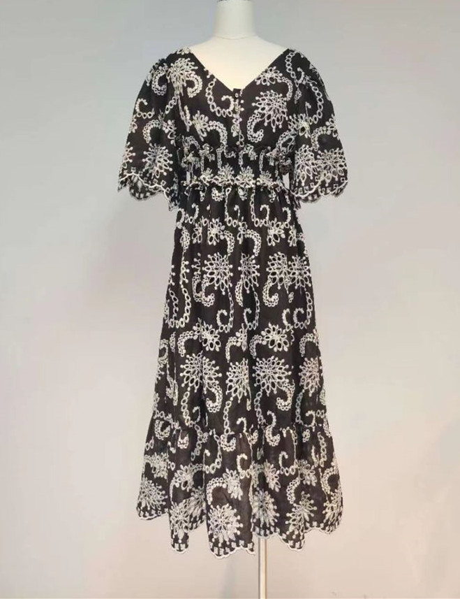 DEAT summer fashion women clothes short sleeves lace hollow out bow backless high waist pullover dress WR51707L 210428