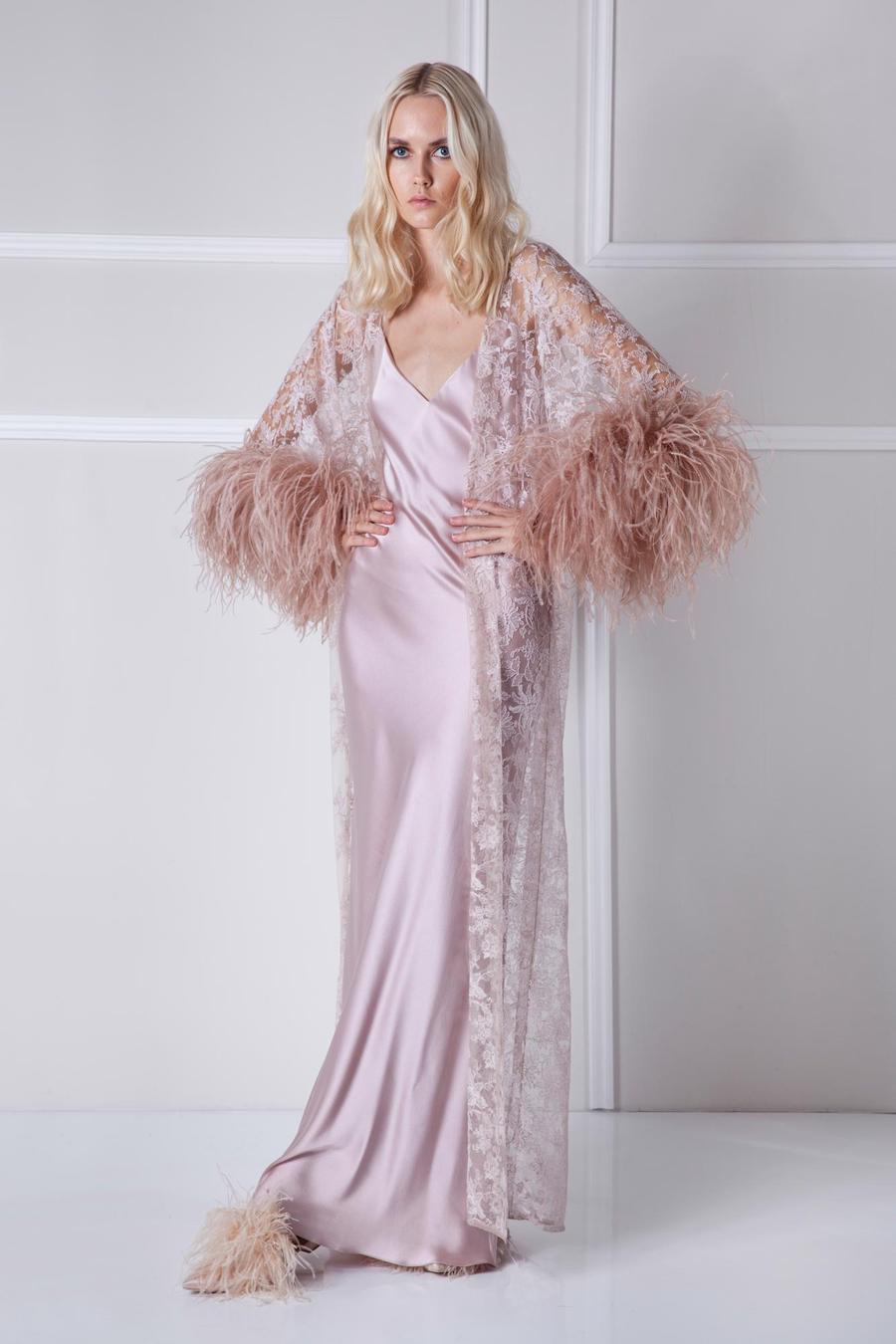 Women Autumn Sleepwear Ostrich Feather Bridal Long Sleeve Lace Wraps Formal Evening Party Robes Photo Shoot Pajama Sets 2 Pieces