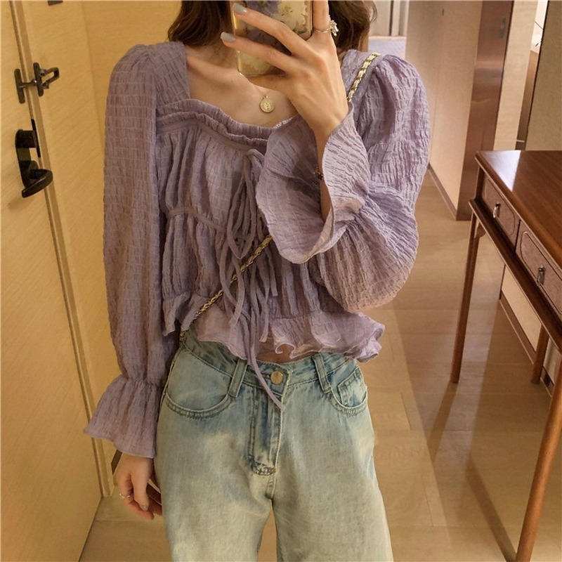 Nomikuma Korean Pleated Lace Up Square Collar Blouse Shirt Causal Flare Sleve Short Women Top Spring New Blusa Mujer 6F459 210427