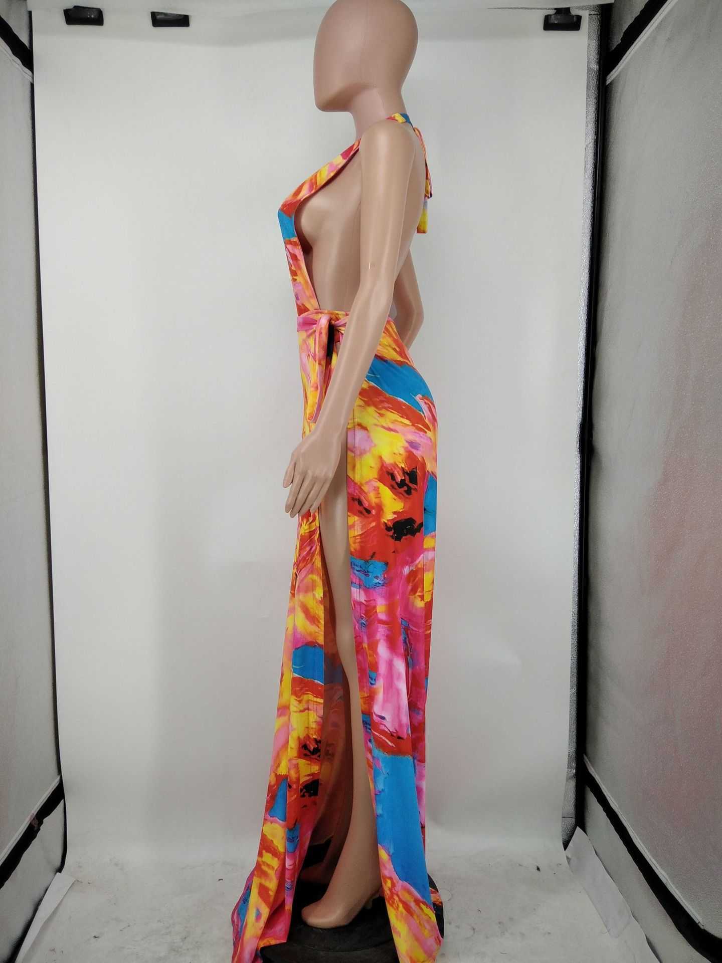 Women Printed Plunge V-neck Sleeveless Slit Belt Maxi Dress 210702