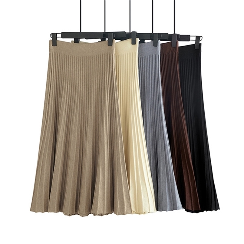 HLBCBG Vertical Striped knitted Women Sweater Skirt Elastic Band Pleated Midi Skirts Chic High Waist A-line Female 210619