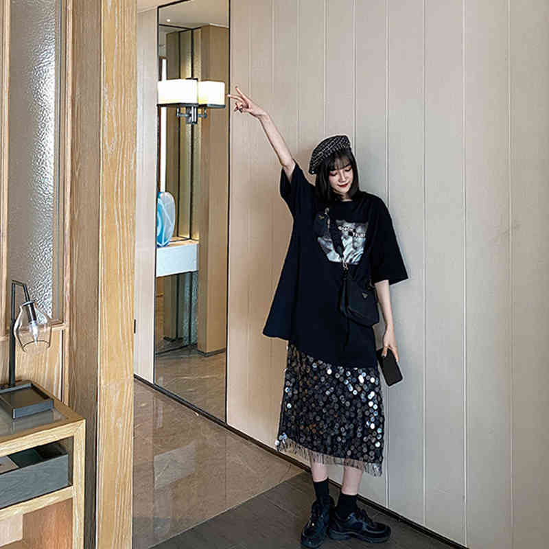 Midi Skirt High Waist Show Thin Sequins Sparkle Loose Straight Tube Black Street Scale Minority Bottom 210510