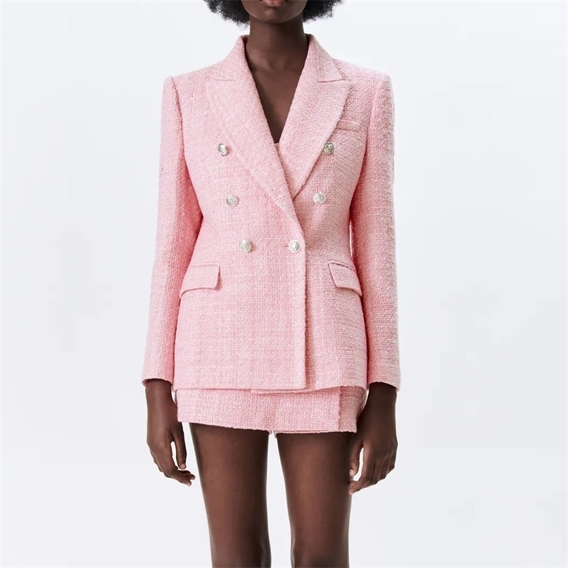 style women's jacket spring pink lapel long-sleeved double-breasted European and American sub-textured blazer 211122