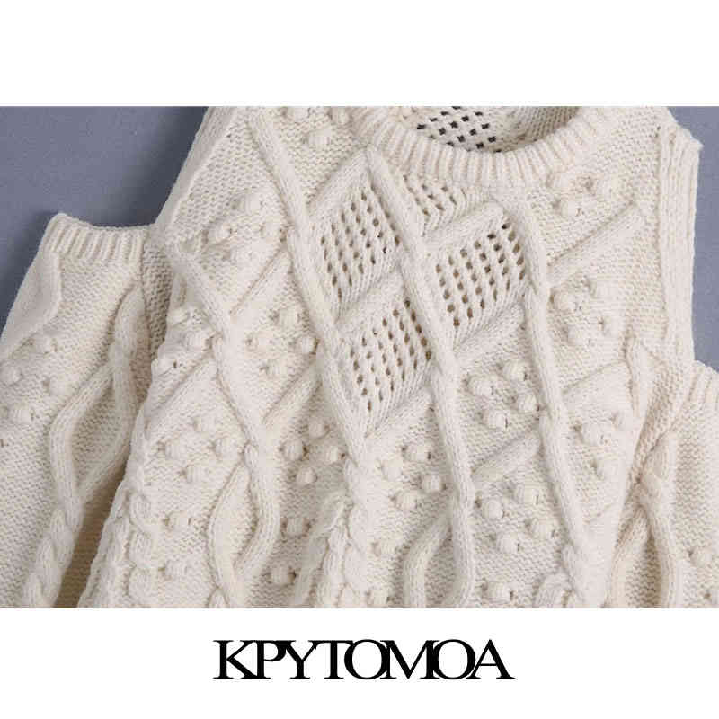 Women Fashion Bobble Appliques Hollow Out Knitted Sweater O Neck Long Sleeve Female Pullovers Chic Tops 210420
