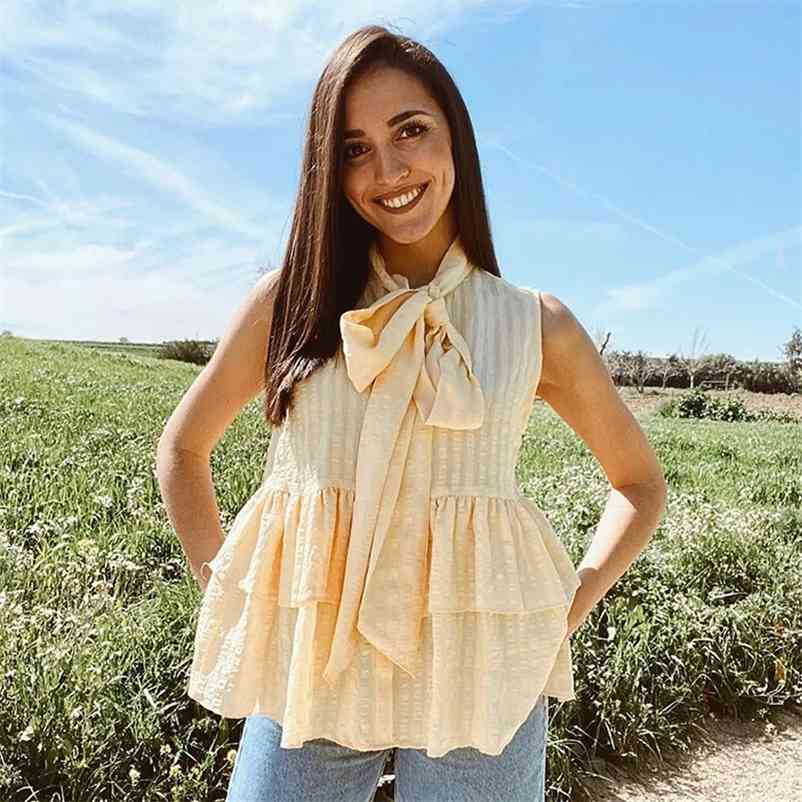 Foridol sleeveless bowknot ruffle blouse shirt women summer autumn yellow ladies elegant blouse tops chic blusa feminias 210415