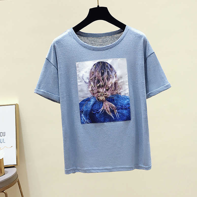 Poleras Mujer De Moda Print Sequins T Shirt Women Tshirt Female Summer Tops T- Korean Fashion Cotton Tee Femme 210615Z