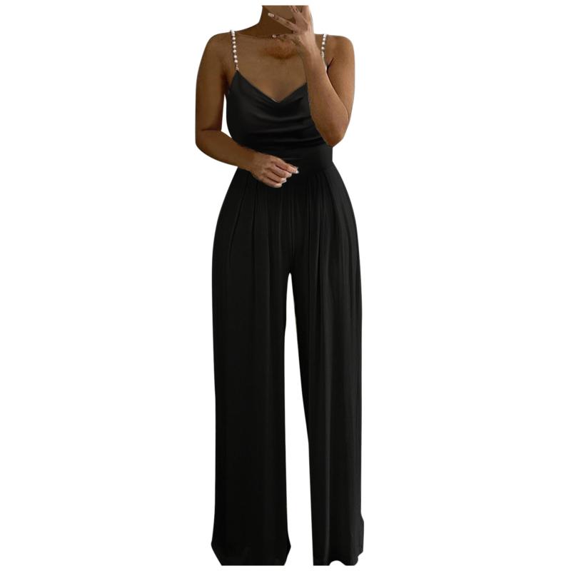 Womens Jumpsuits Rompers Women Long Pants Lady Loose Sexy Soild Pearl Sling Top Wide Leg Bodysuit Female Spring Autumn Jumpsuit AAA Discount for in-st