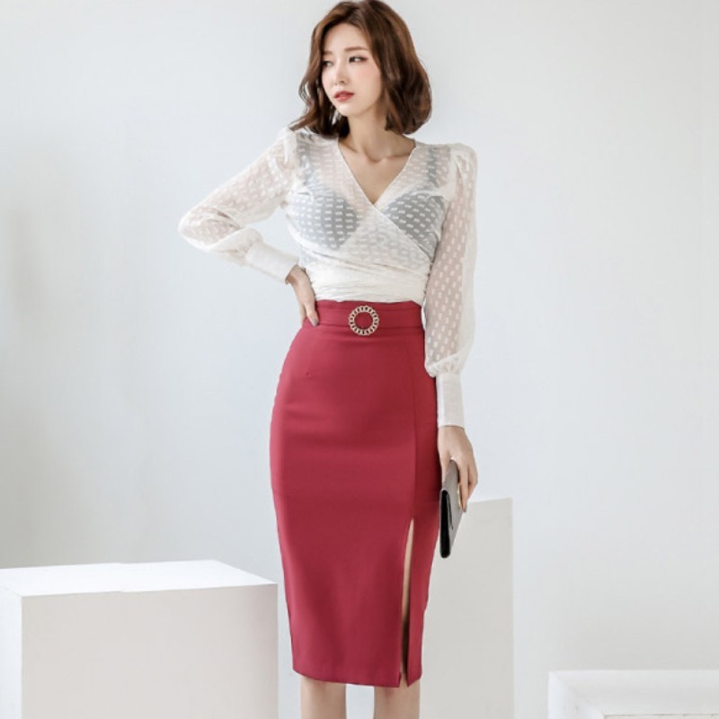 Elegant OL Style 2 Pieces Set V-Neck White Bow Chiffon Blouse & High Waist Pencil skirt Spring Office Ladies Women 210519