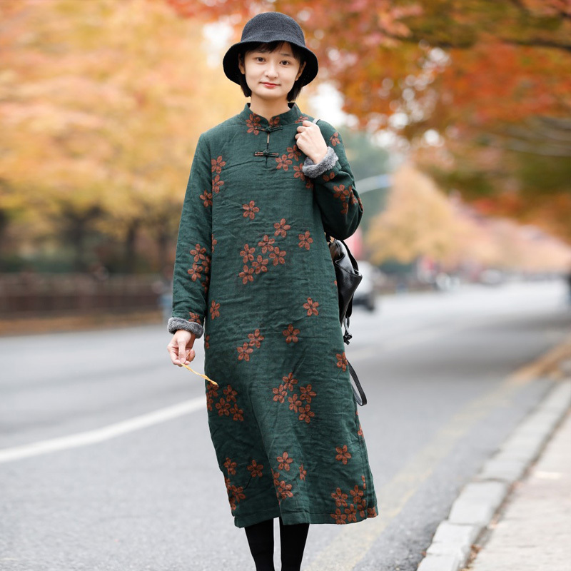 Johnature Linen Chinese Style Dresses For Women Winter Stand Long Sleeve Fleece Vintage Robes Print Floral Dresses 210521, Green
Johnature Linen Chinese Style Dresses For Women Winter Stand Long Sleeve Fleece Vintage Robes Print Floral Dresses 210521, Green