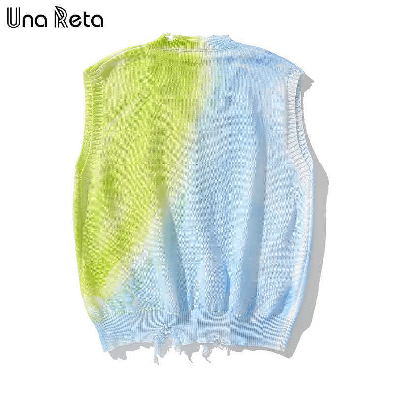 Una Reta Tie Dye Sweater Vest Men Streetwear Men's Vests V Neck Pullover Men Sleeveless Sweater Hole Men's Sweater 210809