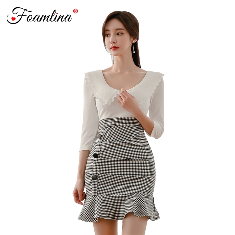 Korean Women Dress Spring Lace Trim Turn Down Collar 3/4 Sleeve Plaid Patchwork Ruffles Mini Party 210603, As picture
Korean Women Dress Spring Lace Trim Turn Down Collar 3/4 Sleeve Plaid Patchwork Ruffles Mini Party 210603, As picture