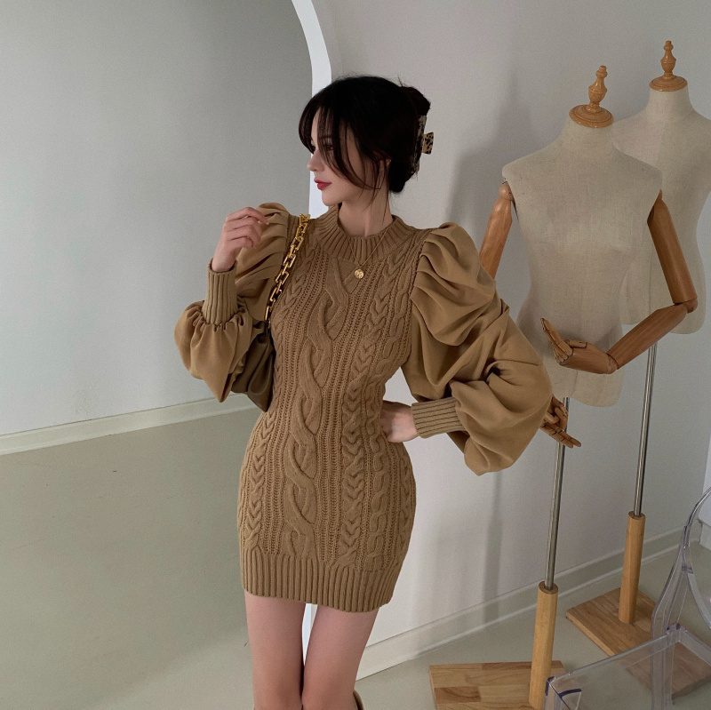 Retro Fall Winter Fashion Women Twist Knit Patchwork Puff sleeve Korean Elegant Chic Sweater Dress Robe Femme 210518