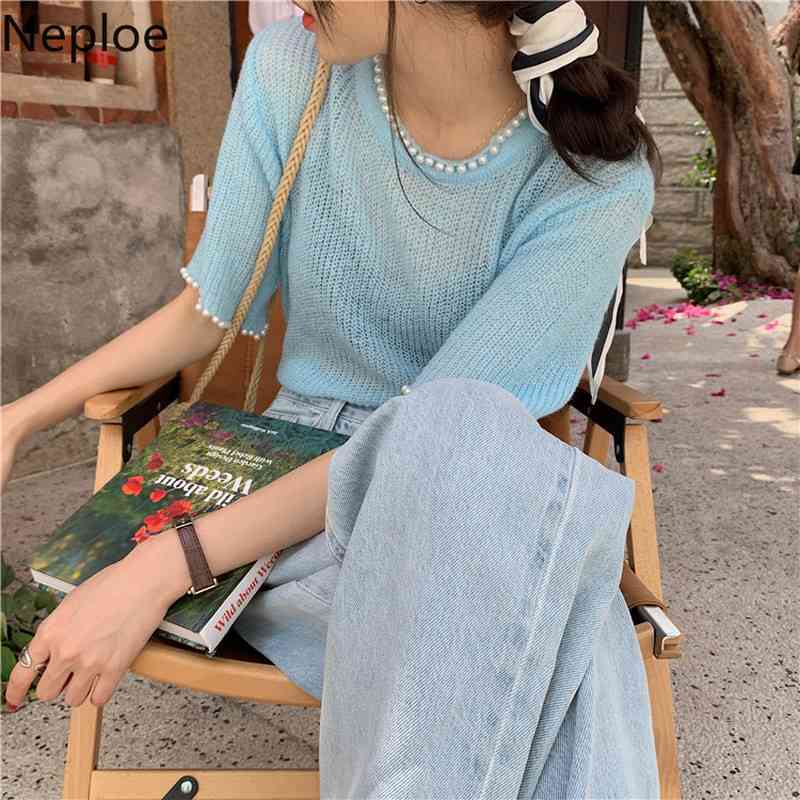Neploe Short Sleeve Knitted T Shirts Summer Thin Loose See Through Slim Beading Pearl Tees Solid Temperament Pullover Tops 210422