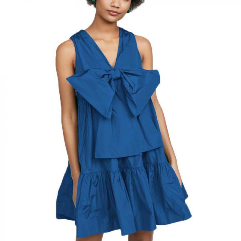 Women Dress V Neck Sleeveless Bohemian es Large Bow Loose Casual Mini Hem Fashion Beach es Summer 210513