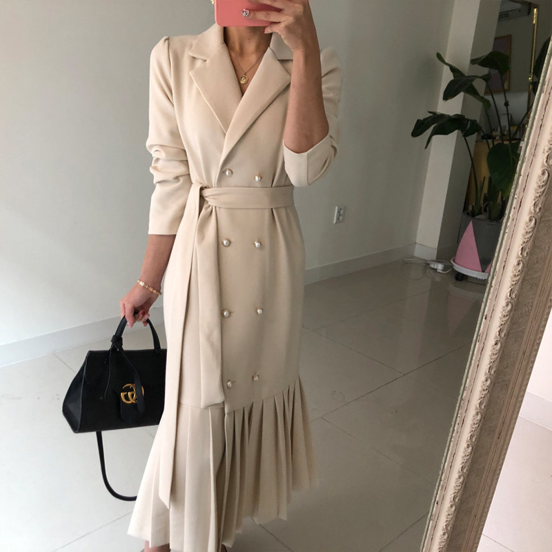 Spring Autumn Fashion Chic Korean Office Lady Brief Bandage Long Dress Women Elegant sheath trumpet Vintage Blazer Dresses Robe 210506