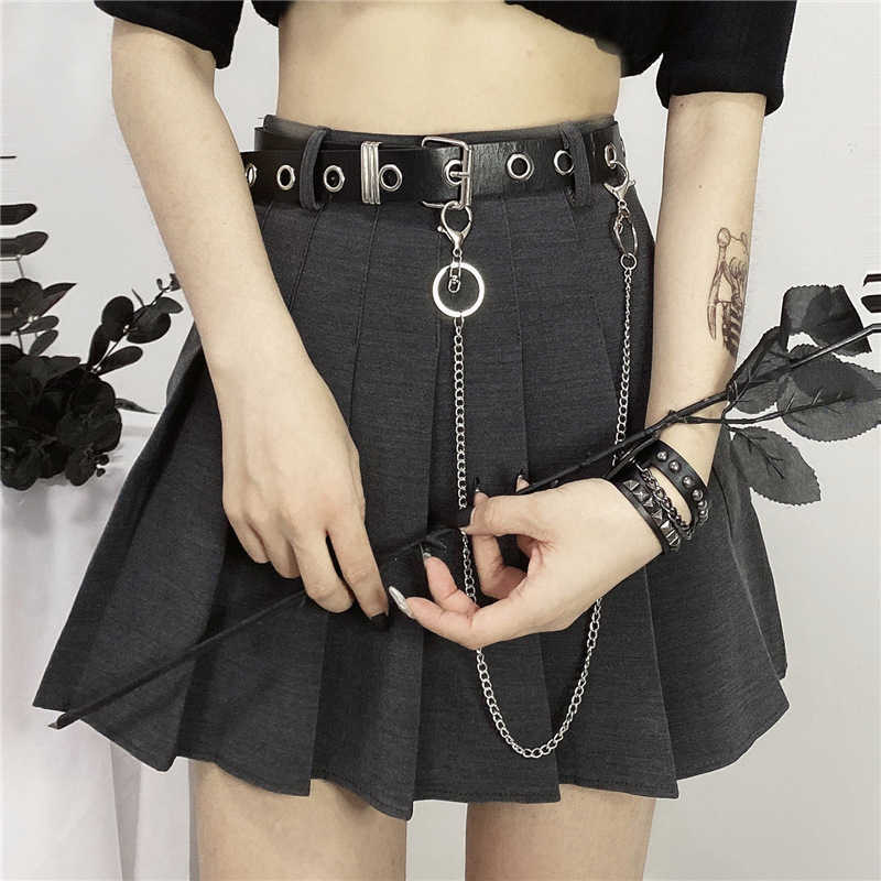 Women Skirts Gothic Short A-Line High-Waist Sexy Chain Korean Fashion Summer Female Student Black Mini Pleated-Skirt 210621