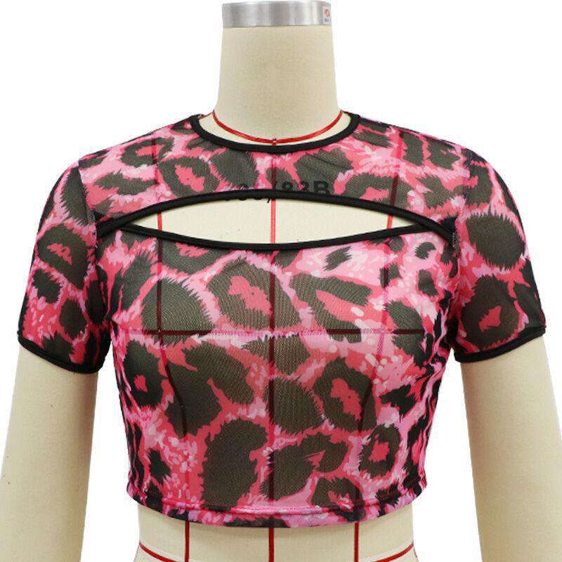 Women T Shirt Leopard Print Tee Female Hollow Out Perspective Sexy T-shirt Summer Tops Crop Top Short Tshirt 210524