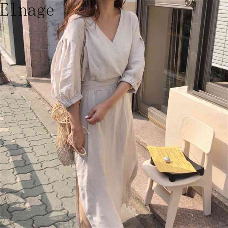 Summer Vintage Sexy V Neck Cotton Long Dress Women Elegant Loose Brief Sundress with Waistbelt Linen Dresses Lady Office 210429