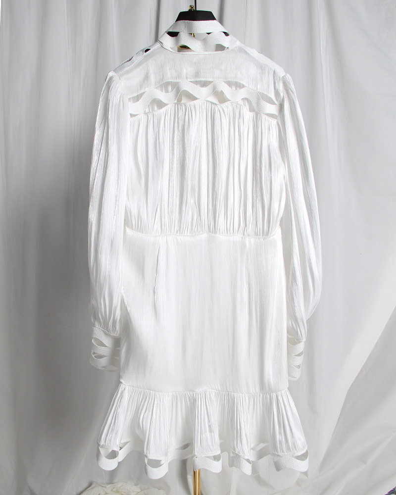 DEAT sumemr stand collar lantern full sleeves hollow out high waist white and black dress vacation tide WR44900L 210428