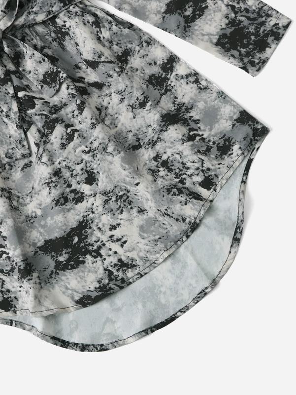 Girls All Over Print Notched Neck High Low Hem Belted Dress SHE