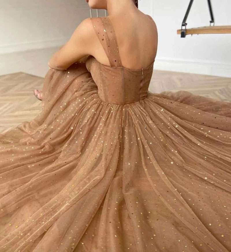 Shiny Brown A Line Starry Tulle Prom Dresses Spaghetti Straps Ankle Length Backless Girl Homecoming Party Dress Evening Graduation Gowns