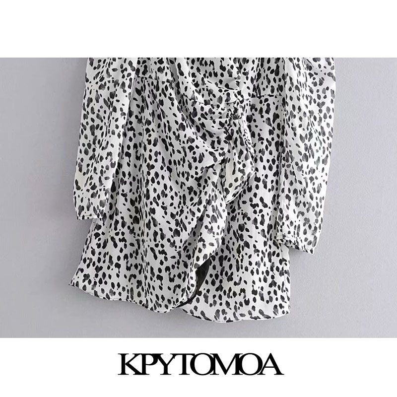 Women Chic Fashion Animal Print Ruffled Mini Dress Wrap V Neck Puff Sleeve Female Dresses Vestidos Mujer 210420