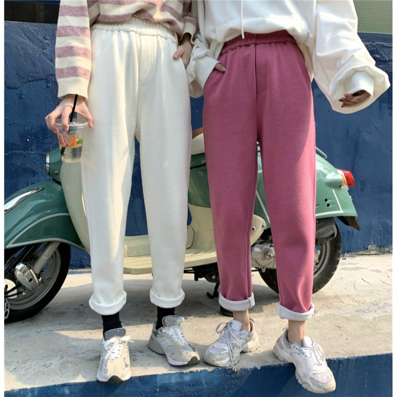 Nomikuma Autumn New Women Pants Plus Velet Causal Stretch High Waist Trousers Femme Korean Solid Long Thicken Pants 6C796 210427