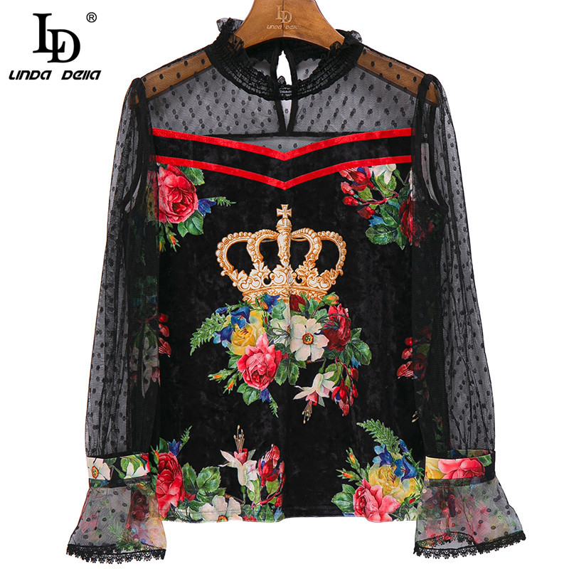 Runway Autumn Skirts Suit Women Long sleeve Polka Dot Mesh Tops and Patchwork Print Vintage 2 Pieces Set 210522