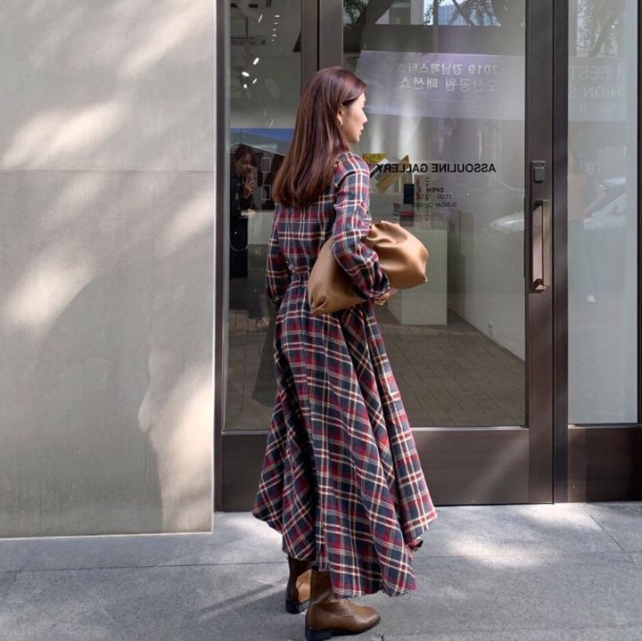 Vintage Spring Elegant Plaid Dress For Women Turn down Collar Long Sleeve High Waist With Sashes Irregular Casual Dresses 210519