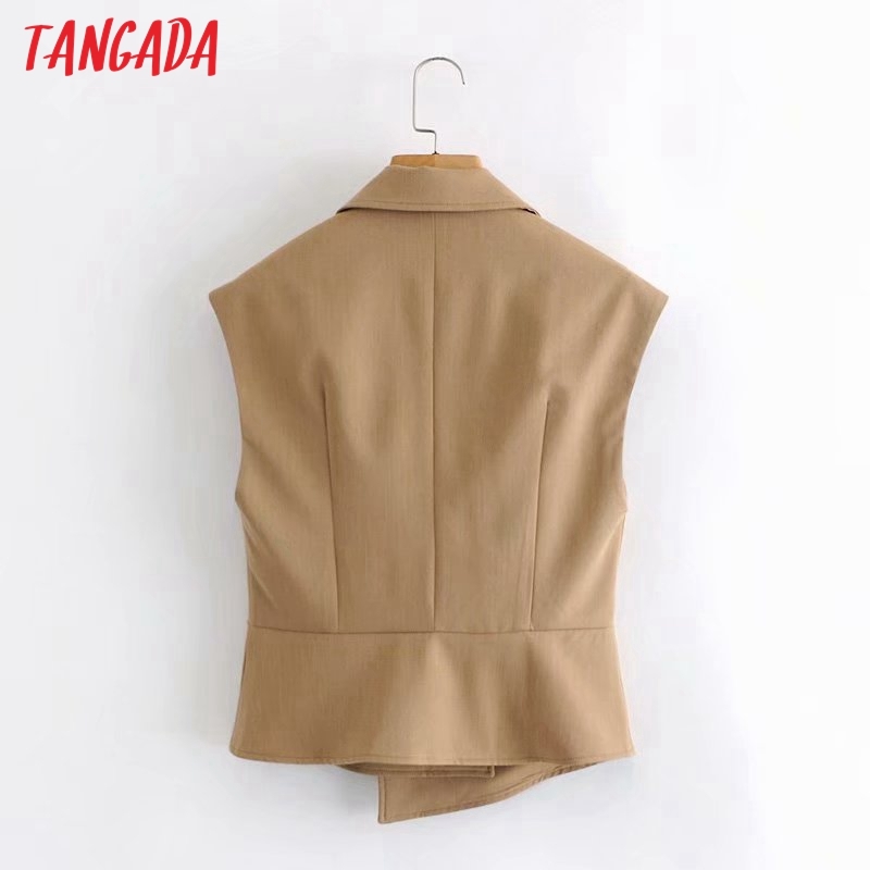 Women Vintage Khaki Vest Notched Collar Sleeveless Female Waistcoat Tops 2G18 210416
