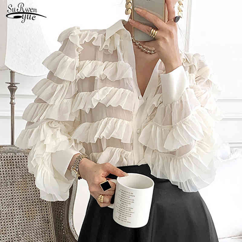 Long Sleeve Tops Loose Heavy Work Cupcake Ol Shirt Spring Korean Ruffles Blouse Women Turn Down Collar Feminino Blusas 13336 210508